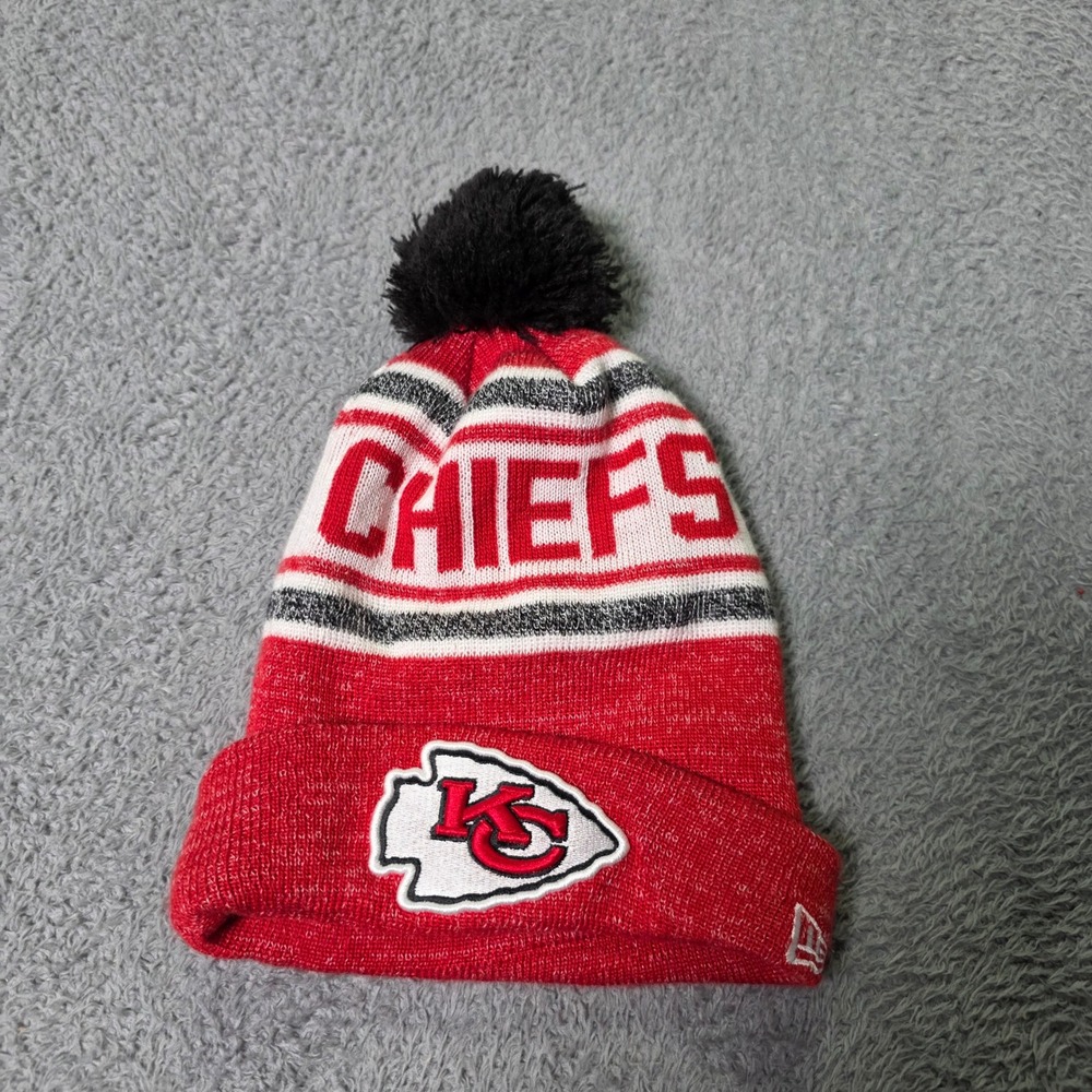 New Era Youth One Size NFL Kansas City Chiefs Beanie Red Pom Knit Hat Logo